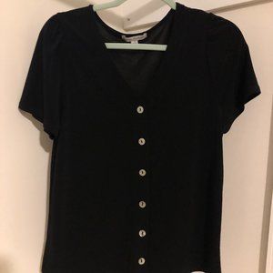 Green Envelope Black V-Neck Short-Sleeved Blouse with Silver Buttons Size S
